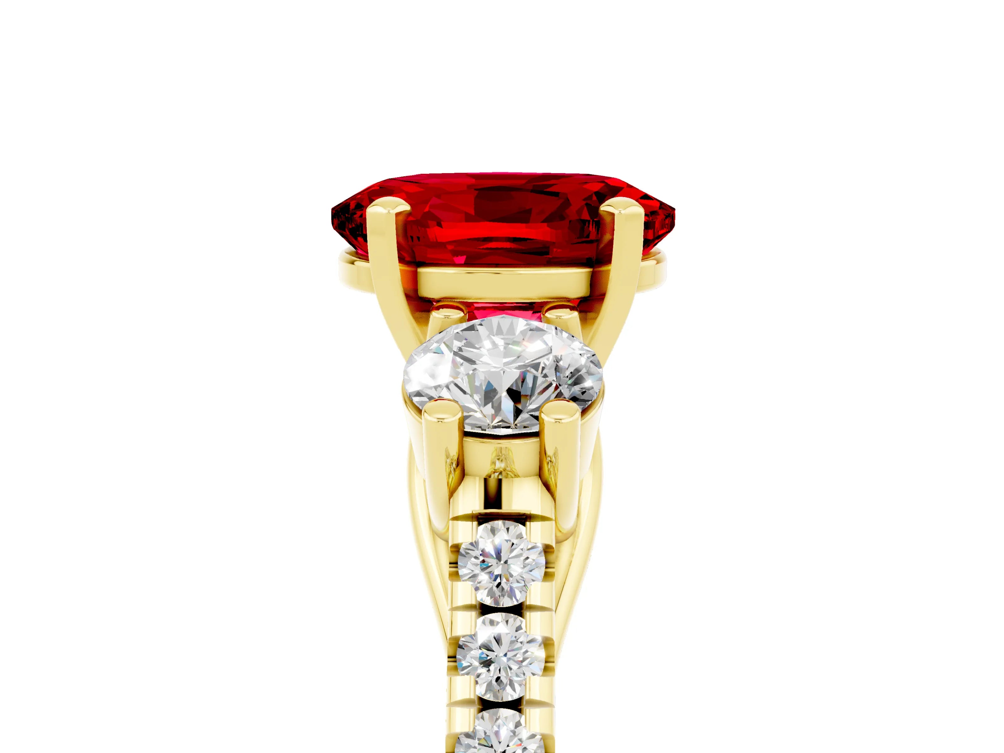 Yellow gold Three-Stone Oval Cut Ruby Pavé Band with Four-Prong Setting_5