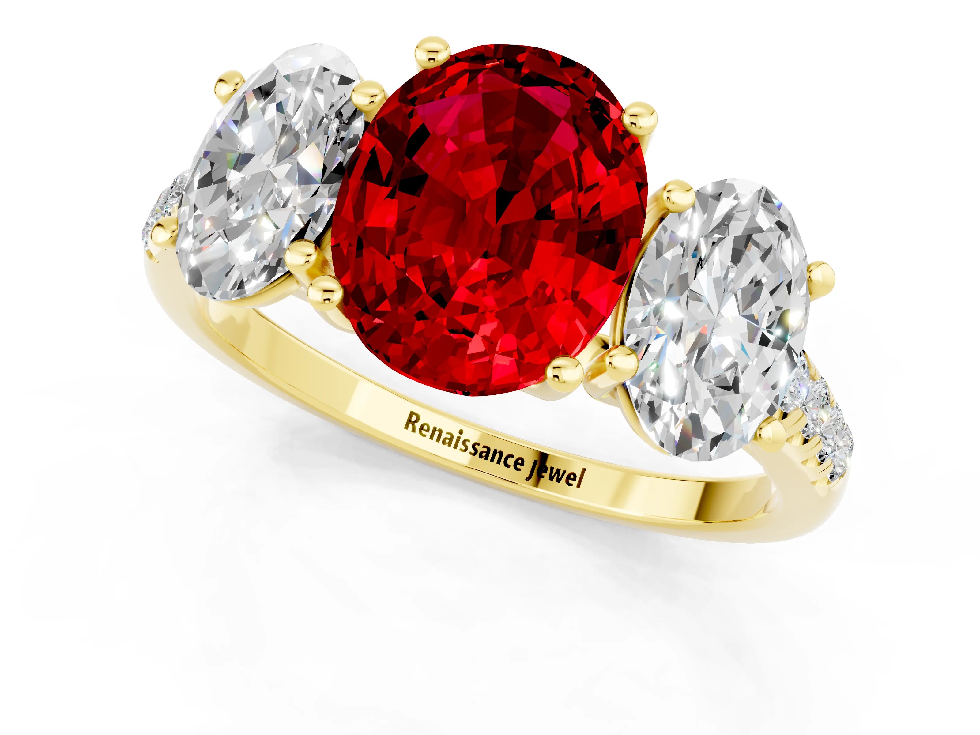 Yellow gold Three-Stone Oval Cut Ruby Ring with Pavé Band and Prong Setting_13