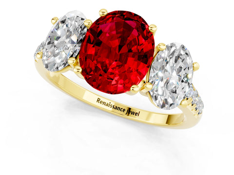 Yellow gold Three-Stone Oval Cut Ruby Ring with Pavé Band and Prong Setting_13