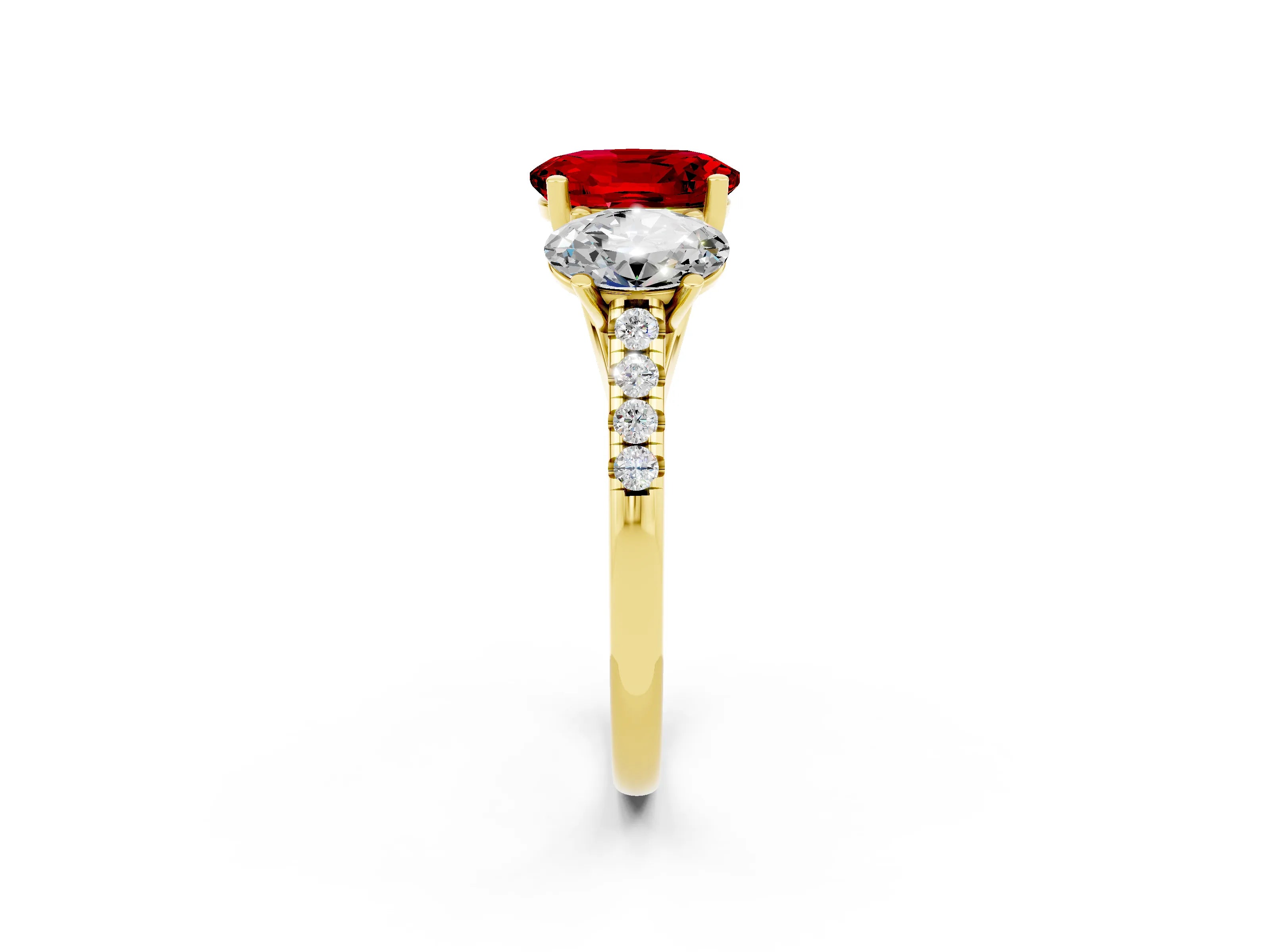 Yellow gold Three-Stone Oval Cut Ruby Ring with Pavé Band and Prong Setting_14