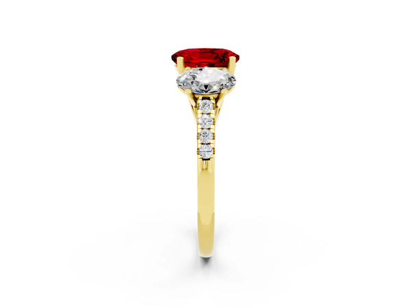 Yellow gold Three-Stone Oval Cut Ruby Ring with Round  Pavé Band and Prong Setting