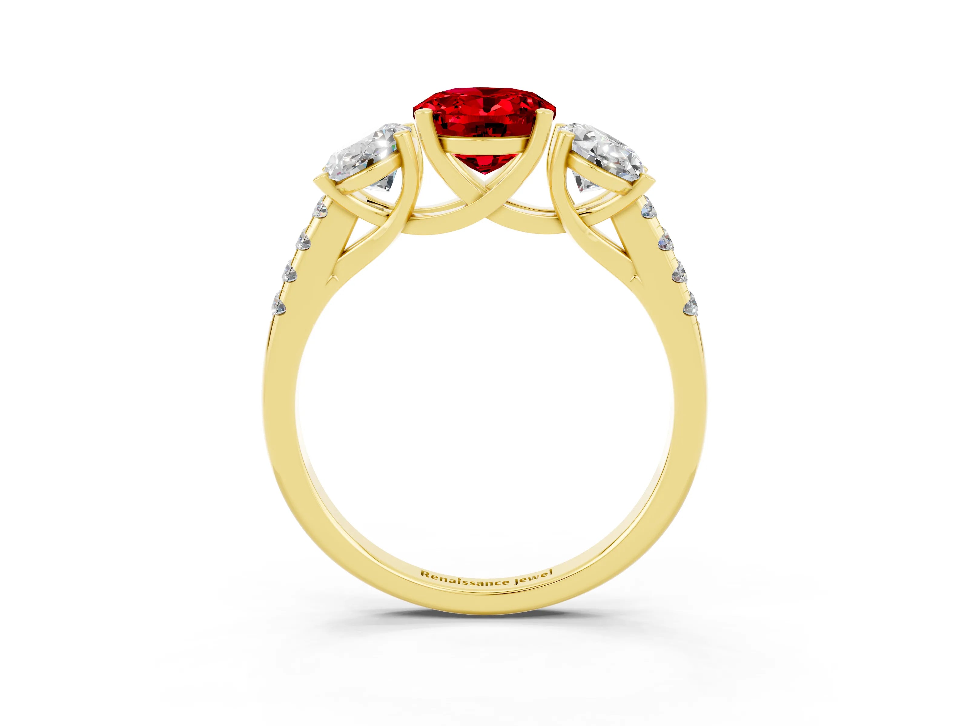 Yellow gold Three-Stone Oval Cut Ruby Ring with Pavé Band and Prong Setting_15