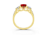 Yellow gold Three-Stone Oval Cut Ruby Ring with Pavé Band and Prong Setting_15