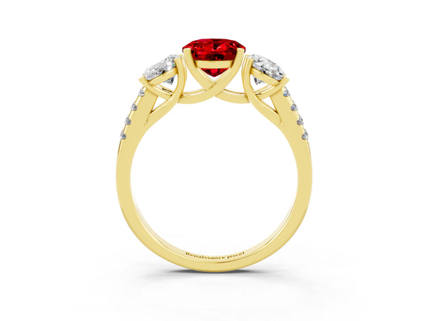 Yellow gold Three-Stone Oval Cut Ruby Ring with Round  Pavé Band and Prong Setting
