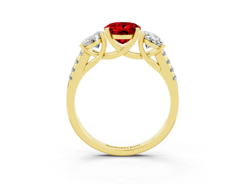 Yellow gold Three-Stone Oval Cut Ruby Ring with Pavé Band and Prong Setting_15