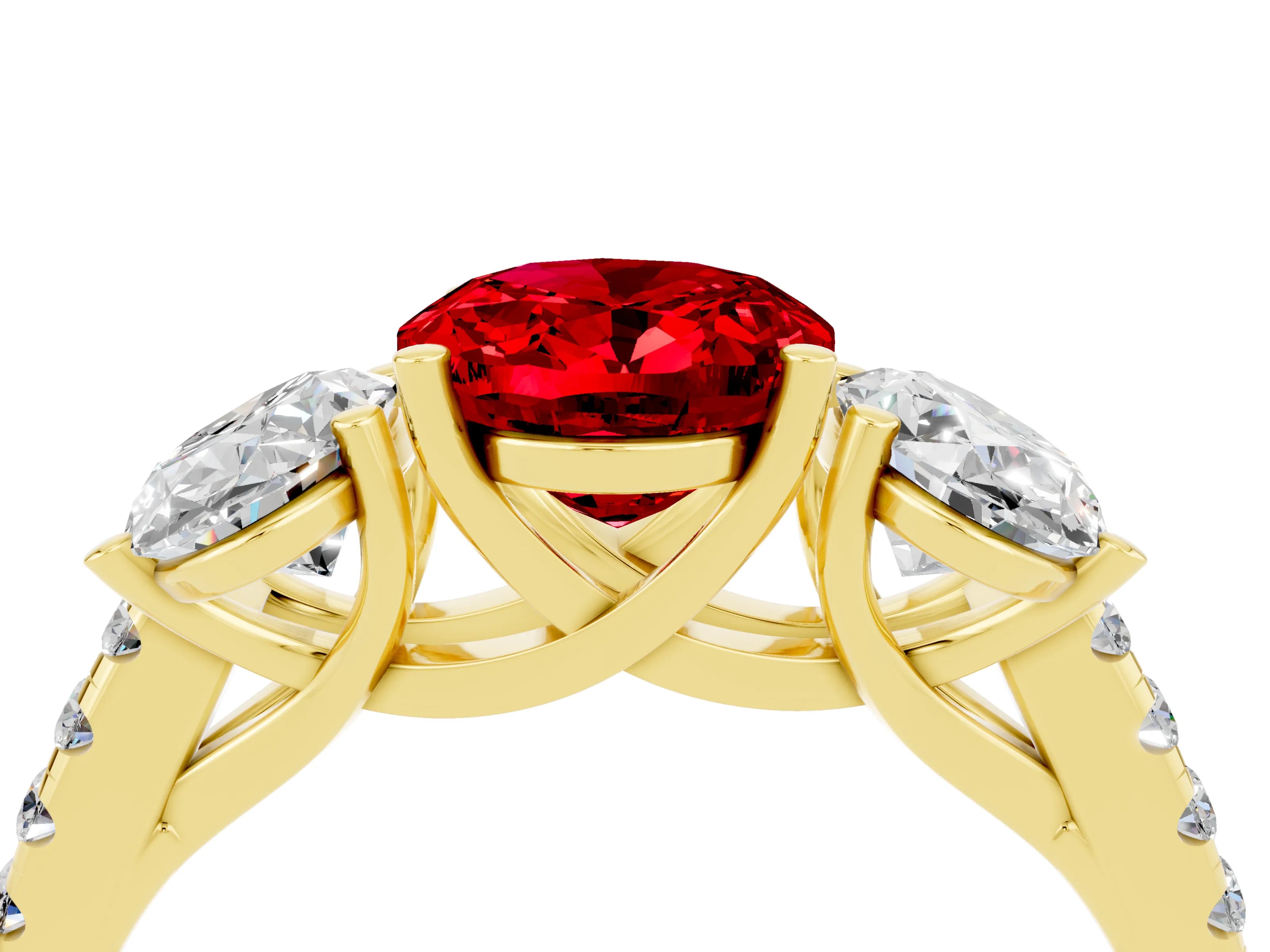 Yellow gold Three-Stone Oval Cut Ruby Ring with Pavé Band and Prong Setting_16