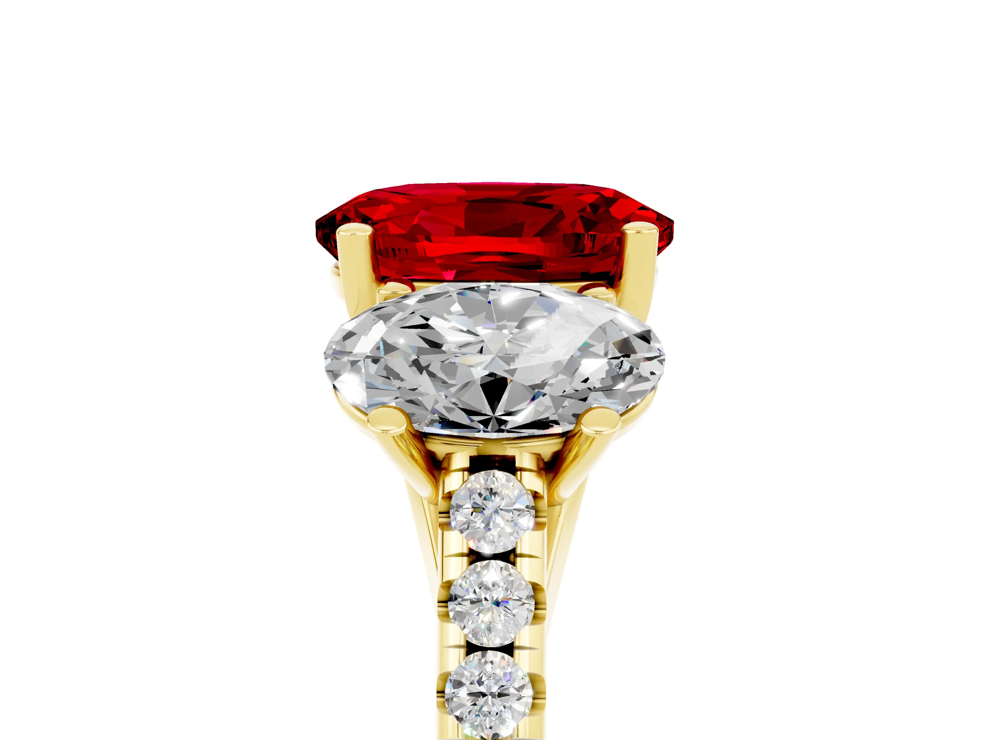 Yellow gold Three-Stone Oval Cut Ruby Ring with Pavé Band and Prong Setting_17