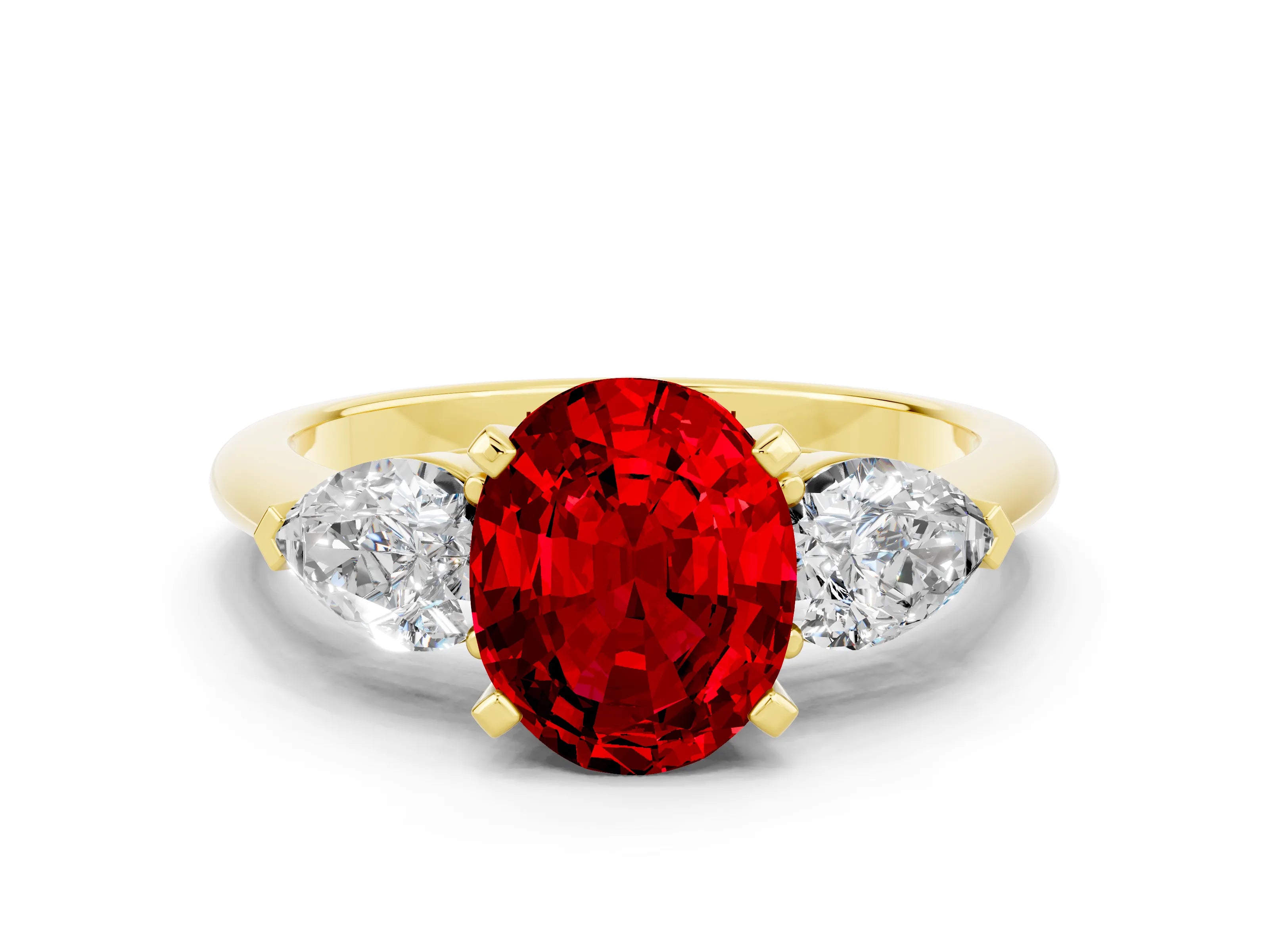 Yellow gold Three-Stone Oval Cut Ruby Ring with Pear Side Stones and Four-Prong Setting