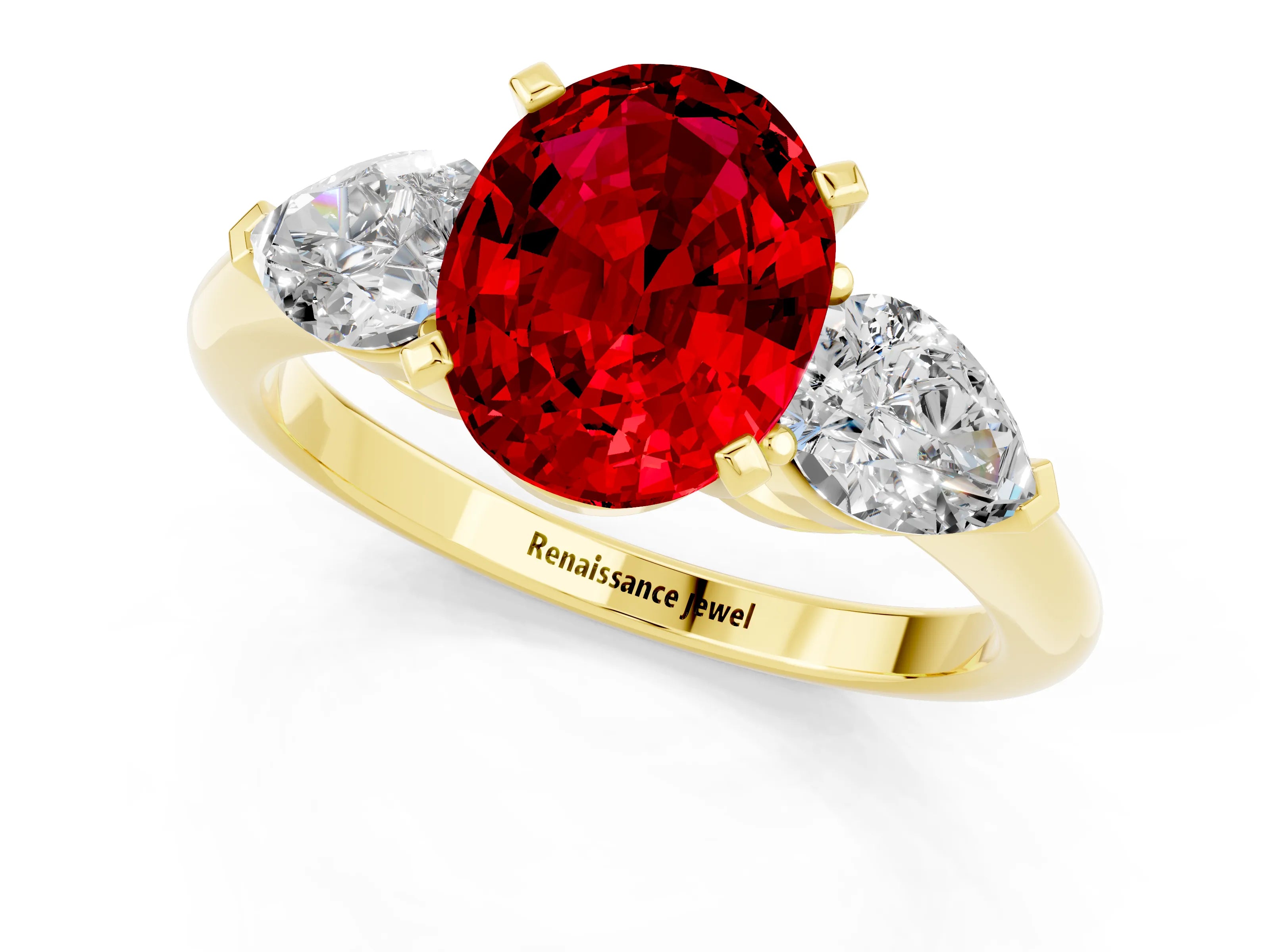 Yellow gold Three-Stone Oval Cut Ruby Ring with Pear Side Stones and Four-Prong Setting_1
