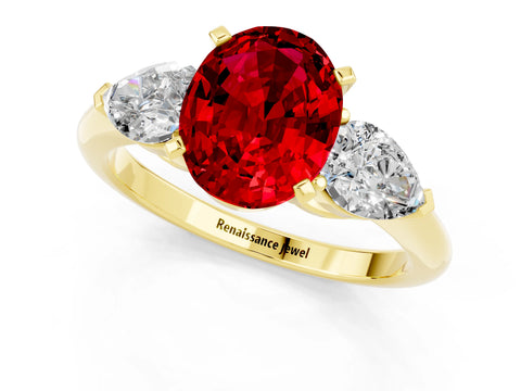 Yellow gold Three-Stone Oval Cut Ruby Ring with Pear Side Stones and Four-Prong Setting_1