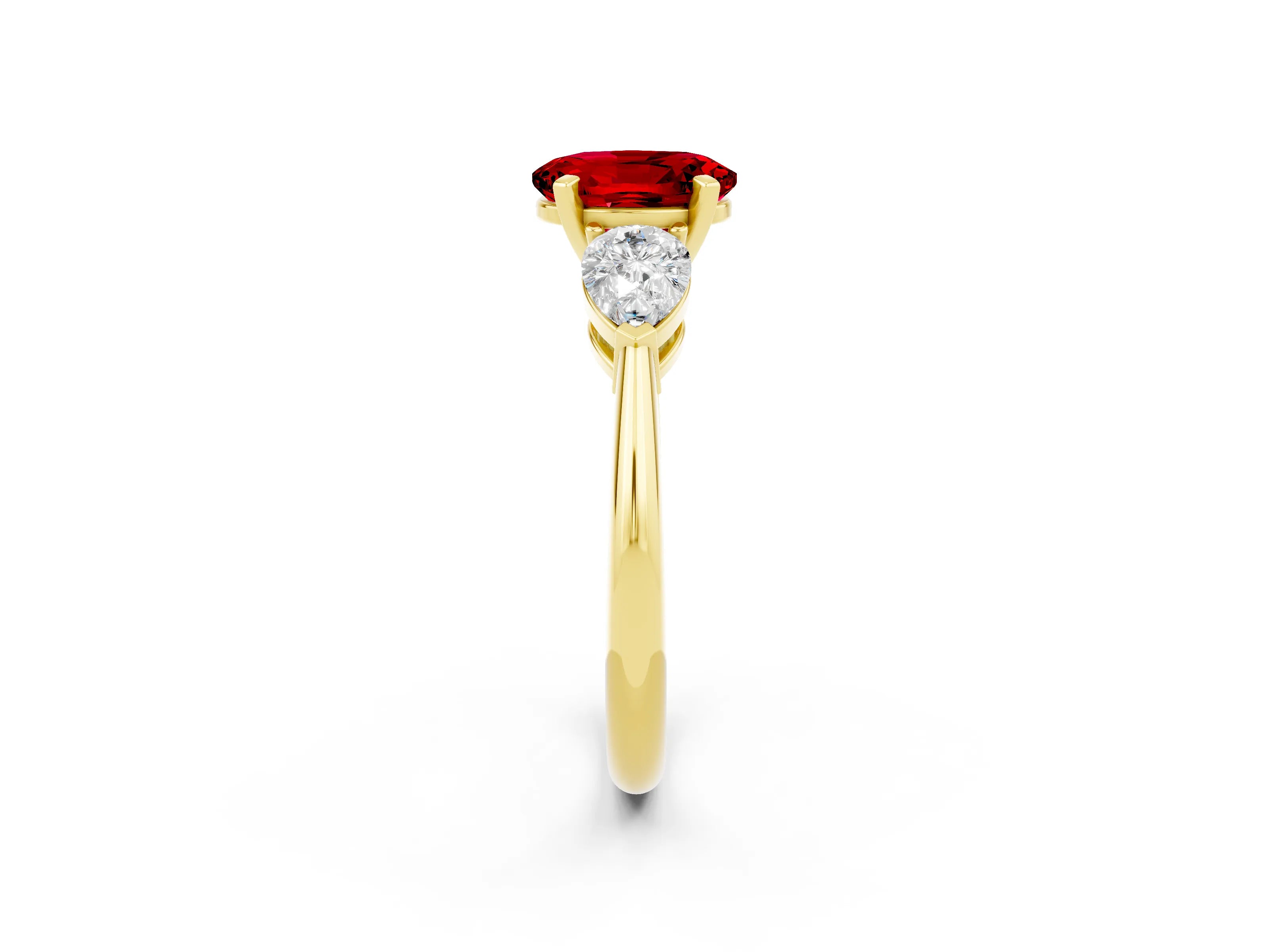 Yellow gold Three-Stone Oval Cut Ruby Ring with Pear Side Stones and Four-Prong Setting_2