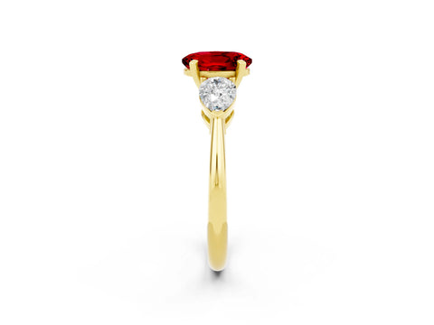 Yellow gold Three-Stone Oval Cut Ruby Ring with Pear Side Stones and Four-Prong Setting_2