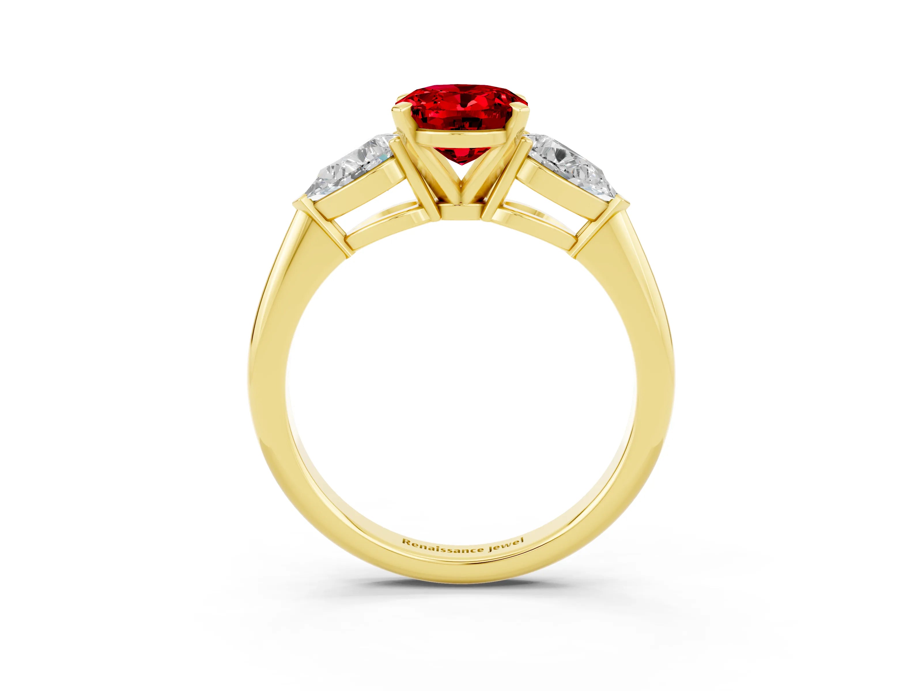 Yellow gold Three-Stone Oval Cut Ruby Ring with Pear Side Stones and Four-Prong Setting_3