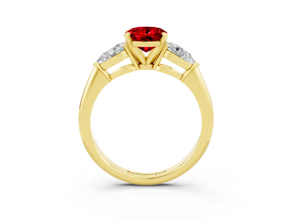 Yellow gold Three-Stone Oval Cut Ruby Ring with Pear Side Stones and Four-Prong Setting