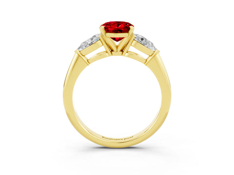 Yellow gold Three-Stone Oval Cut Ruby Ring with Pear Side Stones and Four-Prong Setting_3