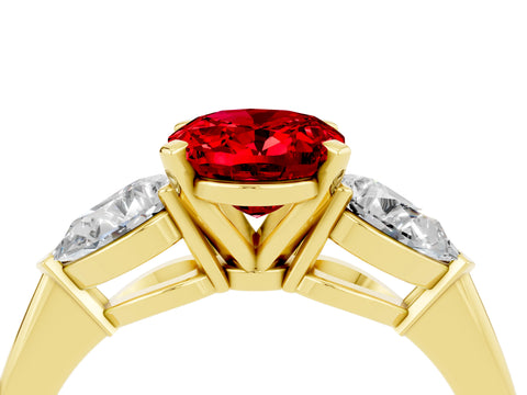 Yellow gold Three-Stone Oval Cut Ruby Ring with Pear Side Stones and Four-Prong Setting_4