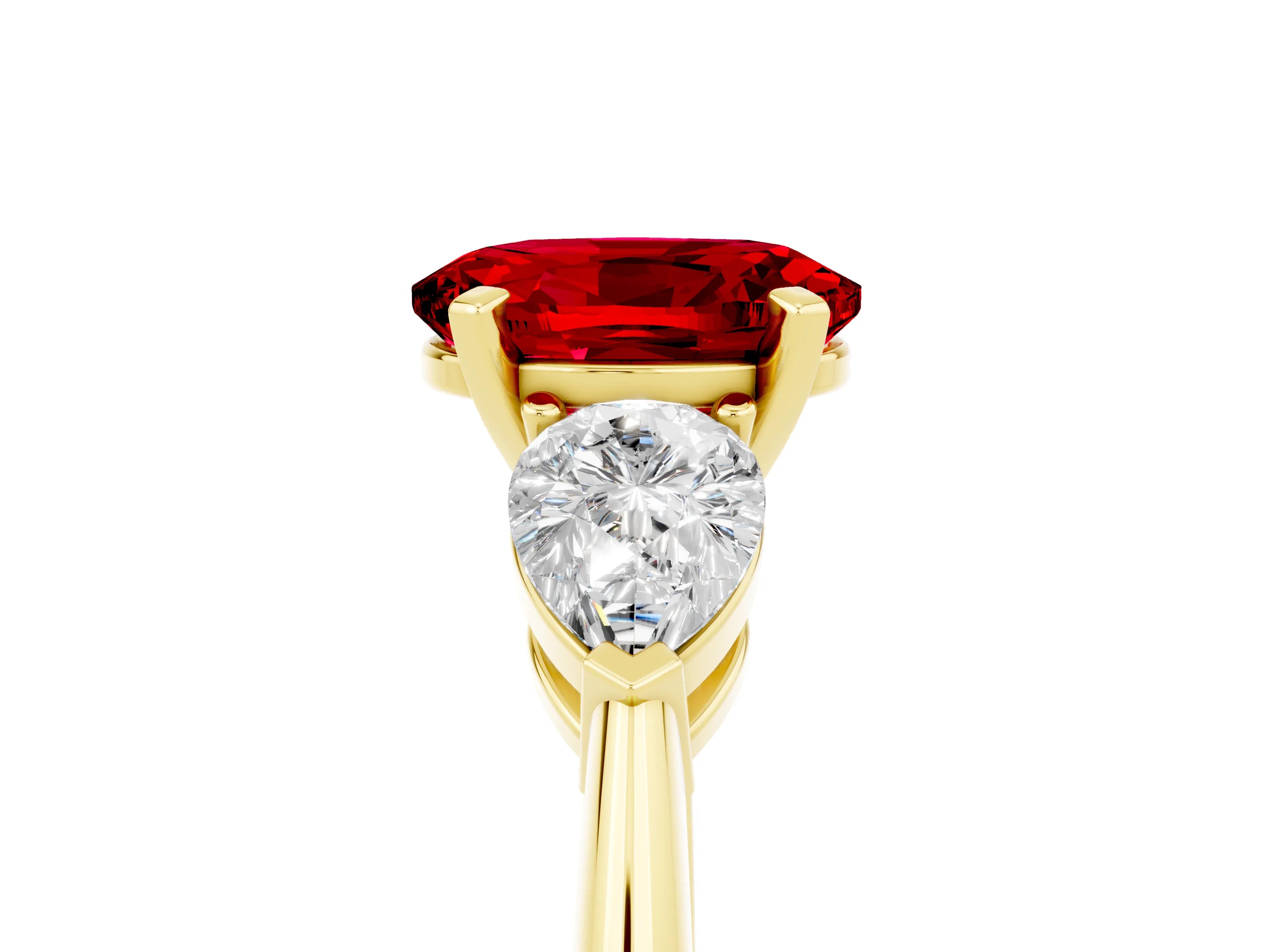Yellow gold Three-Stone Oval Cut Ruby Ring with Pear Side Stones and Four-Prong Setting_5