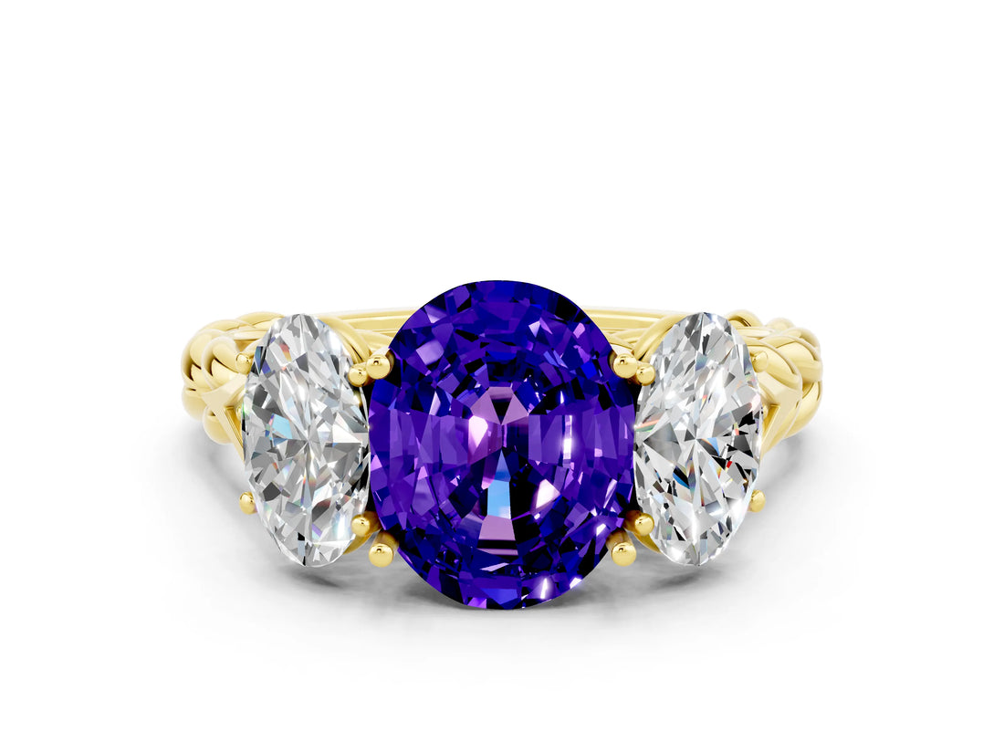Yellow gold Three-Stone Oval Cut Tanzanite Braided Band Ring with Four-Prong Setting_12