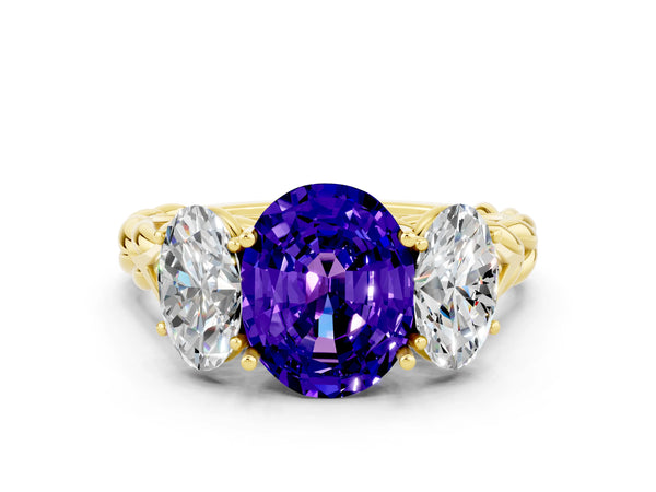 Yellow gold Three-Stone Oval Cut Tanzanite Braided Band Ring with Four-Prong Setting