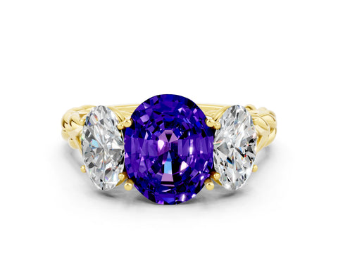 Yellow gold Three-Stone Oval Cut Tanzanite Braided Band Ring with Four-Prong Setting_12