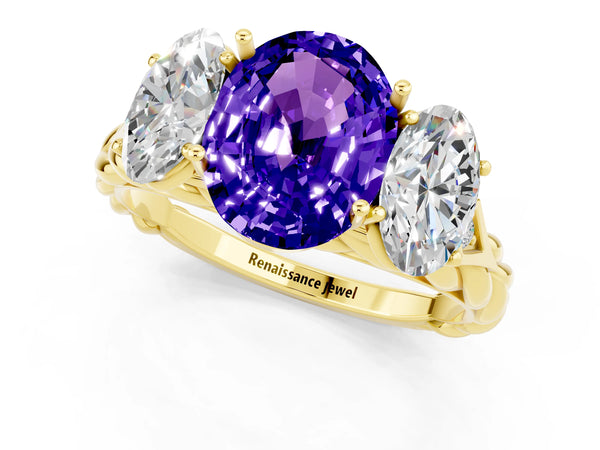 Yellow gold Three-Stone Oval Cut Tanzanite Braided Band Ring with Four-Prong Setting