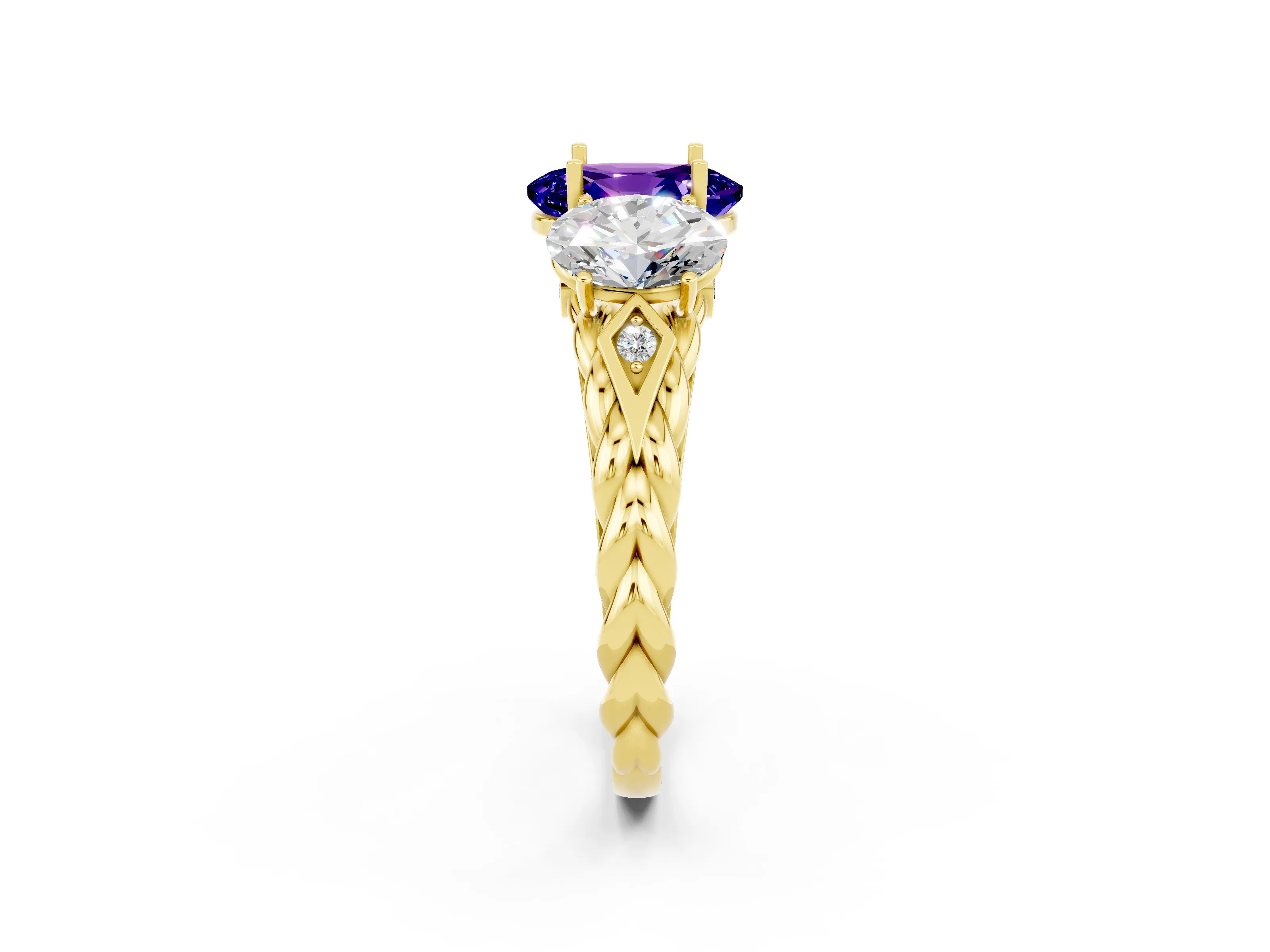 Yellow gold Three-Stone Oval Cut Tanzanite Braided Band Ring with Four-Prong Setting_14