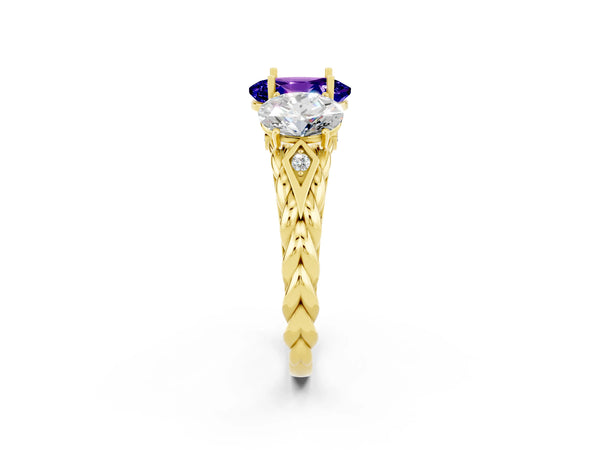 Yellow gold Three-Stone Oval Cut Tanzanite Braided Band Ring with Four-Prong Setting
