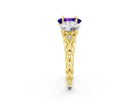 Yellow gold Three-Stone Oval Cut Tanzanite Braided Band Ring with Four-Prong Setting_14