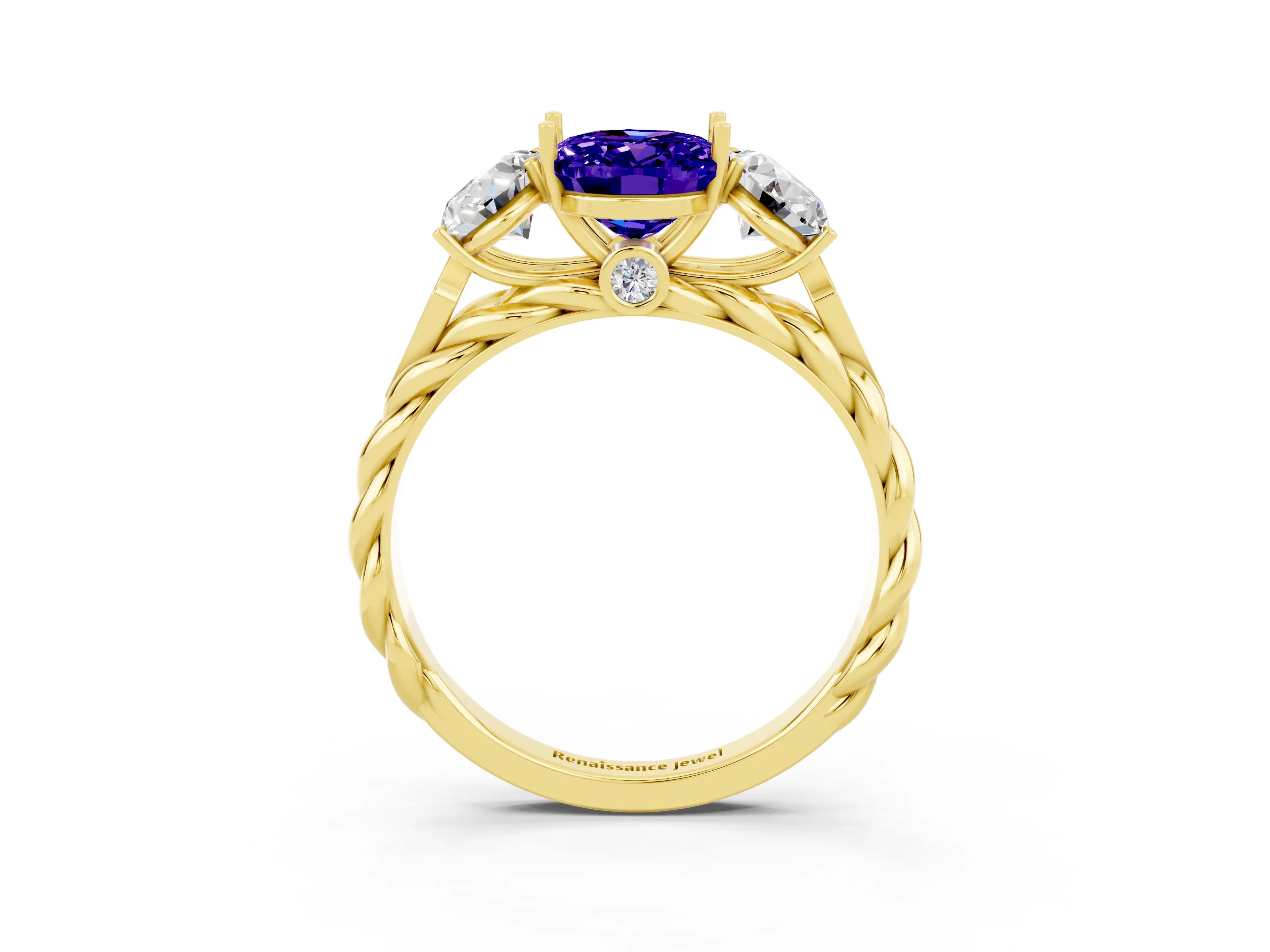 Yellow gold Three-Stone Oval Cut Tanzanite Braided Band Ring with Four-Prong Setting_15