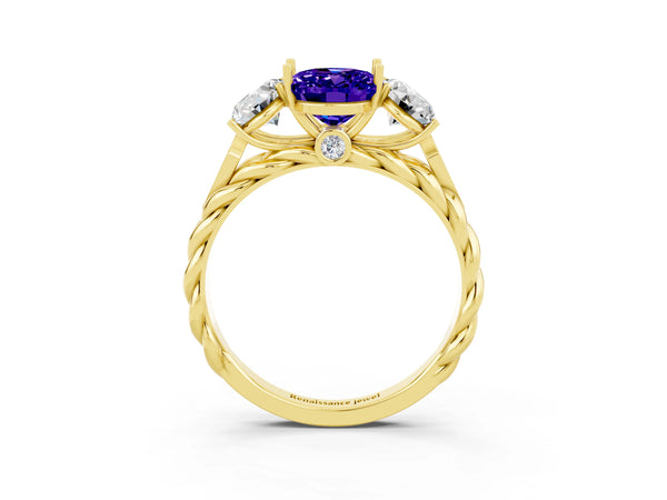 Yellow gold Three-Stone Oval Cut Tanzanite Braided Band Ring with Four-Prong Setting