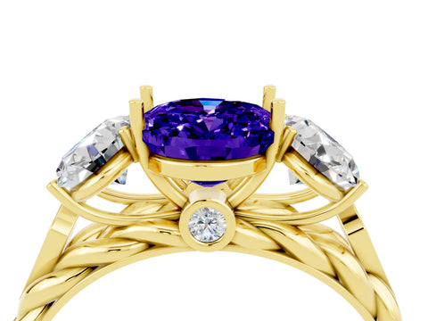 Yellow gold Three-Stone Oval Cut Tanzanite Braided Band Ring with Four-Prong Setting_16
