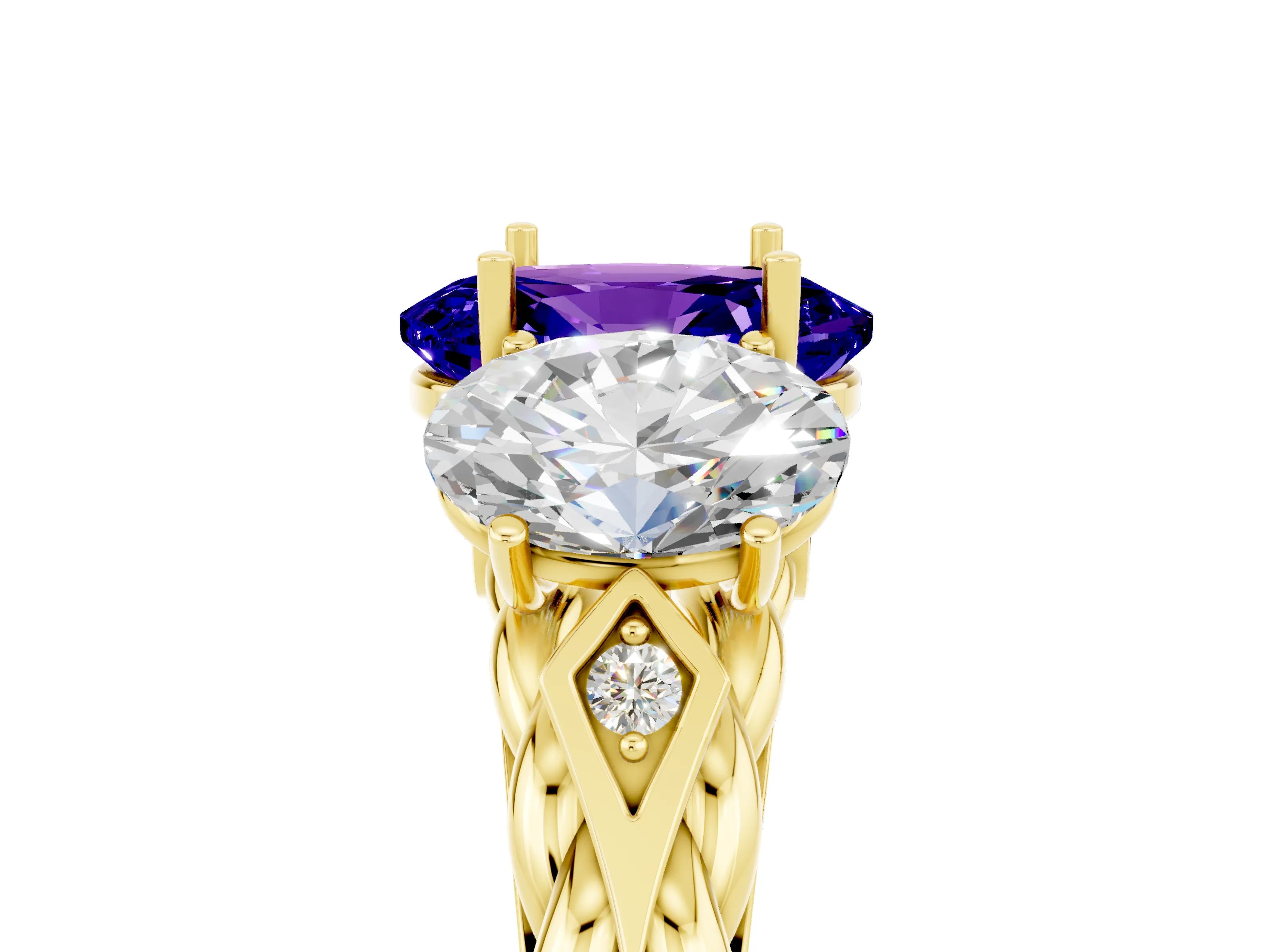 Yellow gold Three-Stone Oval Cut Tanzanite Braided Band Ring with Four-Prong Setting_17