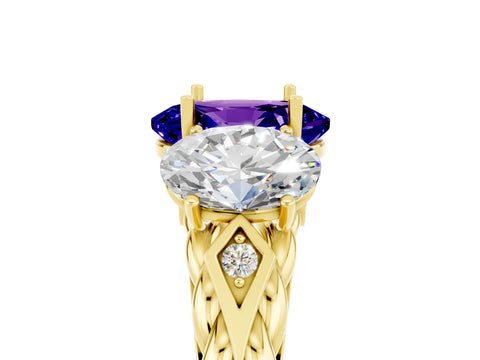 Yellow gold Three-Stone Oval Cut Tanzanite Braided Band Ring with Four-Prong Setting_17
