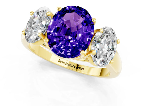 Yellow gold Three-Stone Oval Cut Tanzanite Engagement Ring with Prong Setting