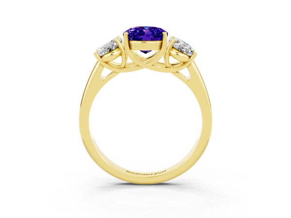 Yellow gold Three-Stone Oval Cut Tanzanite Engagement Ring with Prong Setting