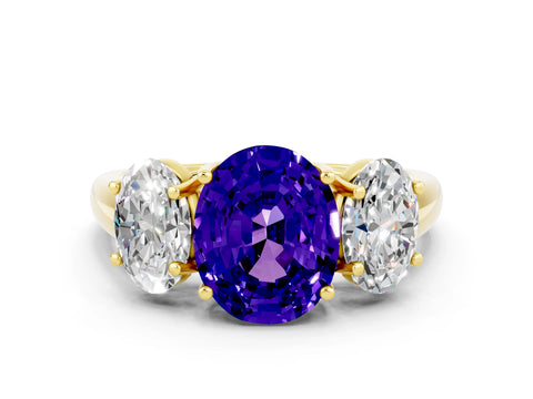 Yellow gold Three-Stone Oval Cut Tanzanite Engagement Ring with Prong Setting