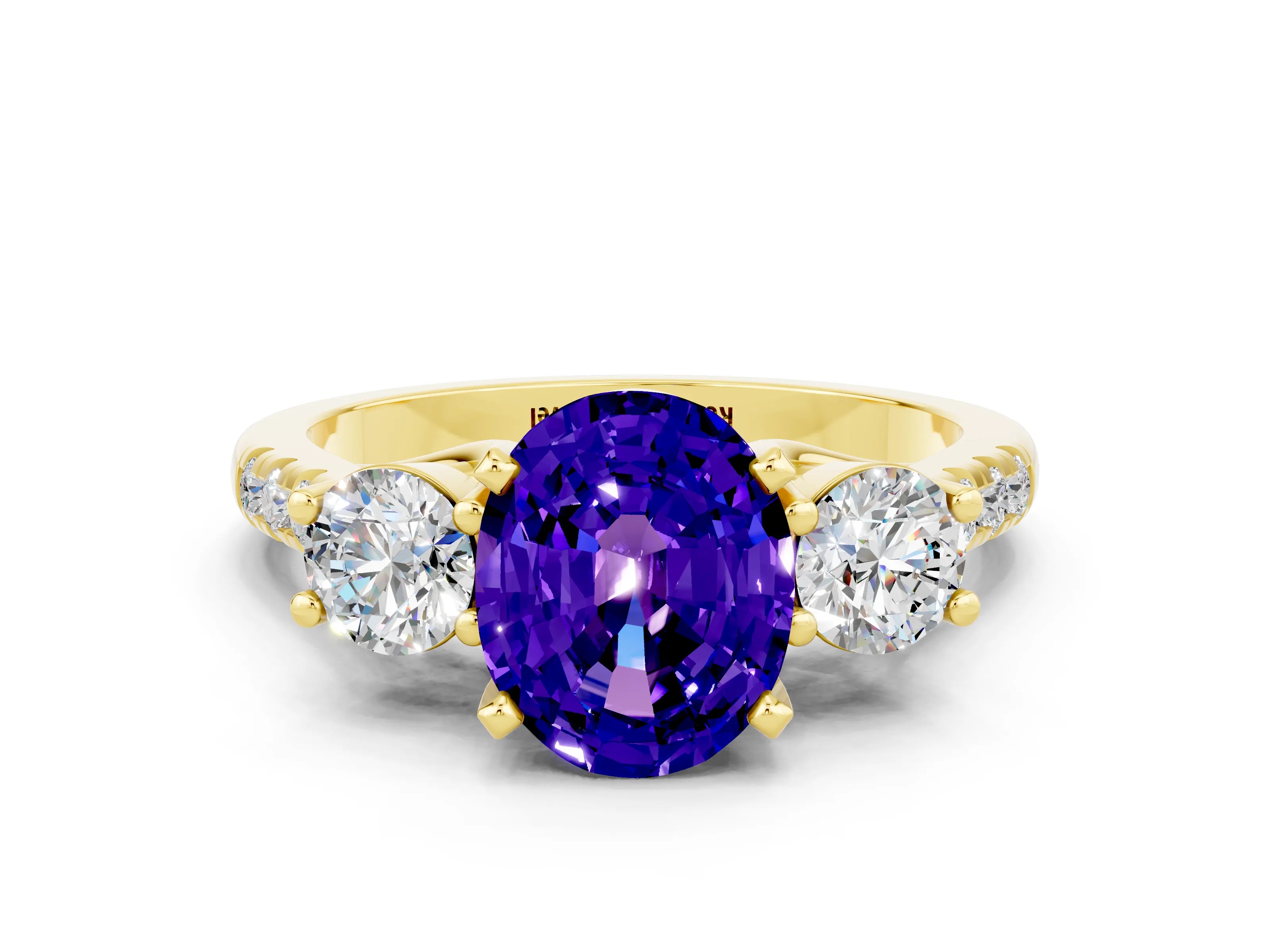 Yellow gold Three-Stone Oval Cut Tanzanite Pavé Band with Four-Prong Setting