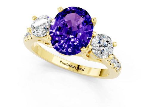 Yellow gold Three-Stone Oval Cut Tanzanite Pavé Band with Four-Prong Setting_1