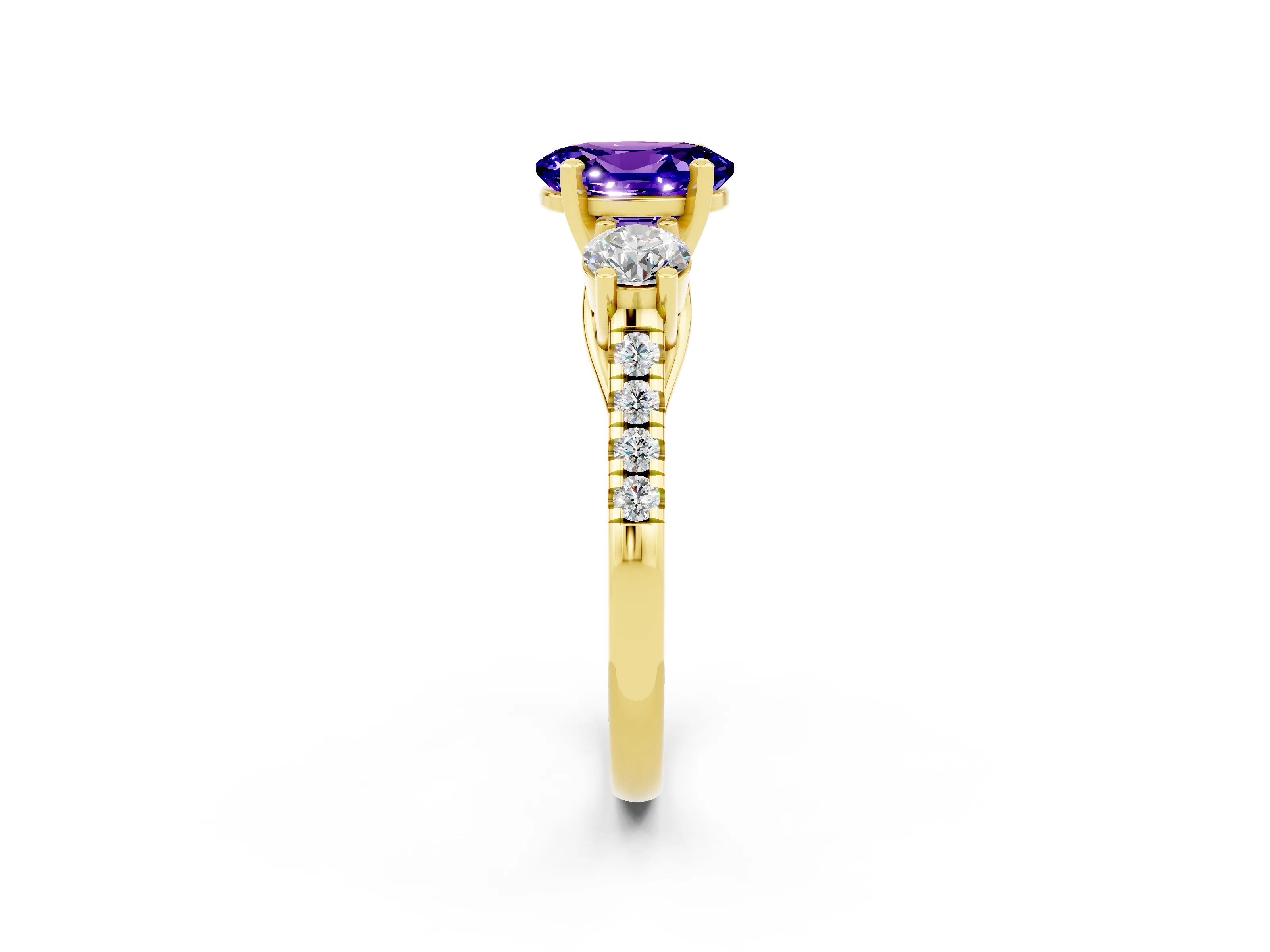 Yellow gold Three-Stone Oval Cut Tanzanite Pavé Band with Four-Prong Setting_2