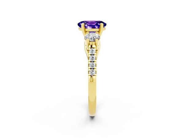 Yellow gold Three-Stone Oval Cut Tanzanite Pavé Band with Four-Prong Setting
