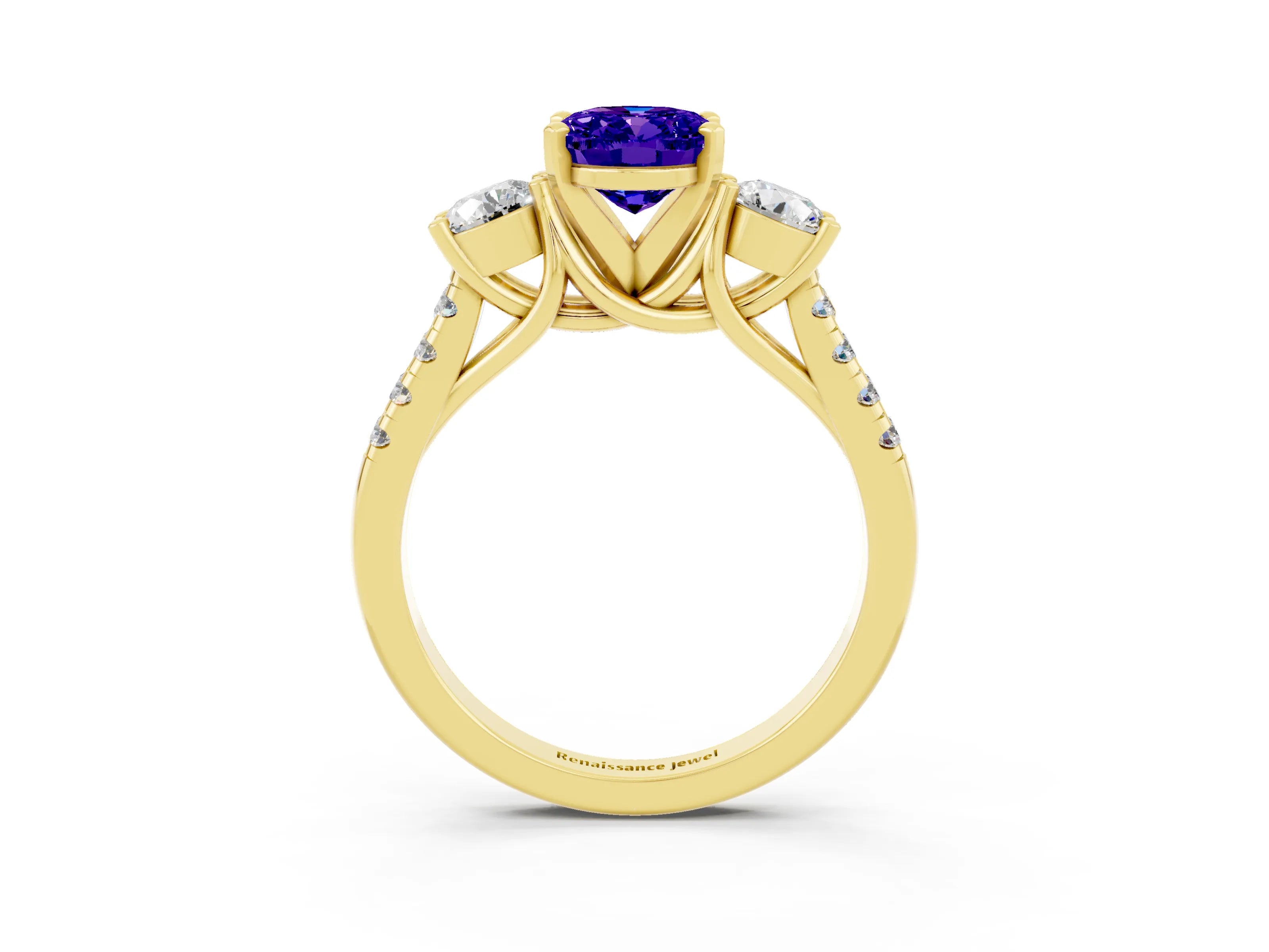 Yellow gold Three-Stone Oval Cut Tanzanite Pavé Band with Four-Prong Setting_3