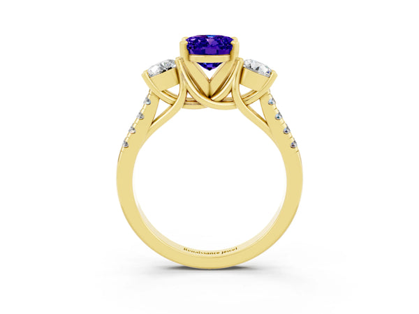 Yellow gold Three-Stone Oval Cut Tanzanite Pavé Band with Four-Prong Setting
