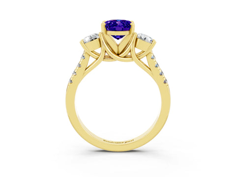 Yellow gold Three-Stone Oval Cut Tanzanite Pavé Band with Four-Prong Setting_3