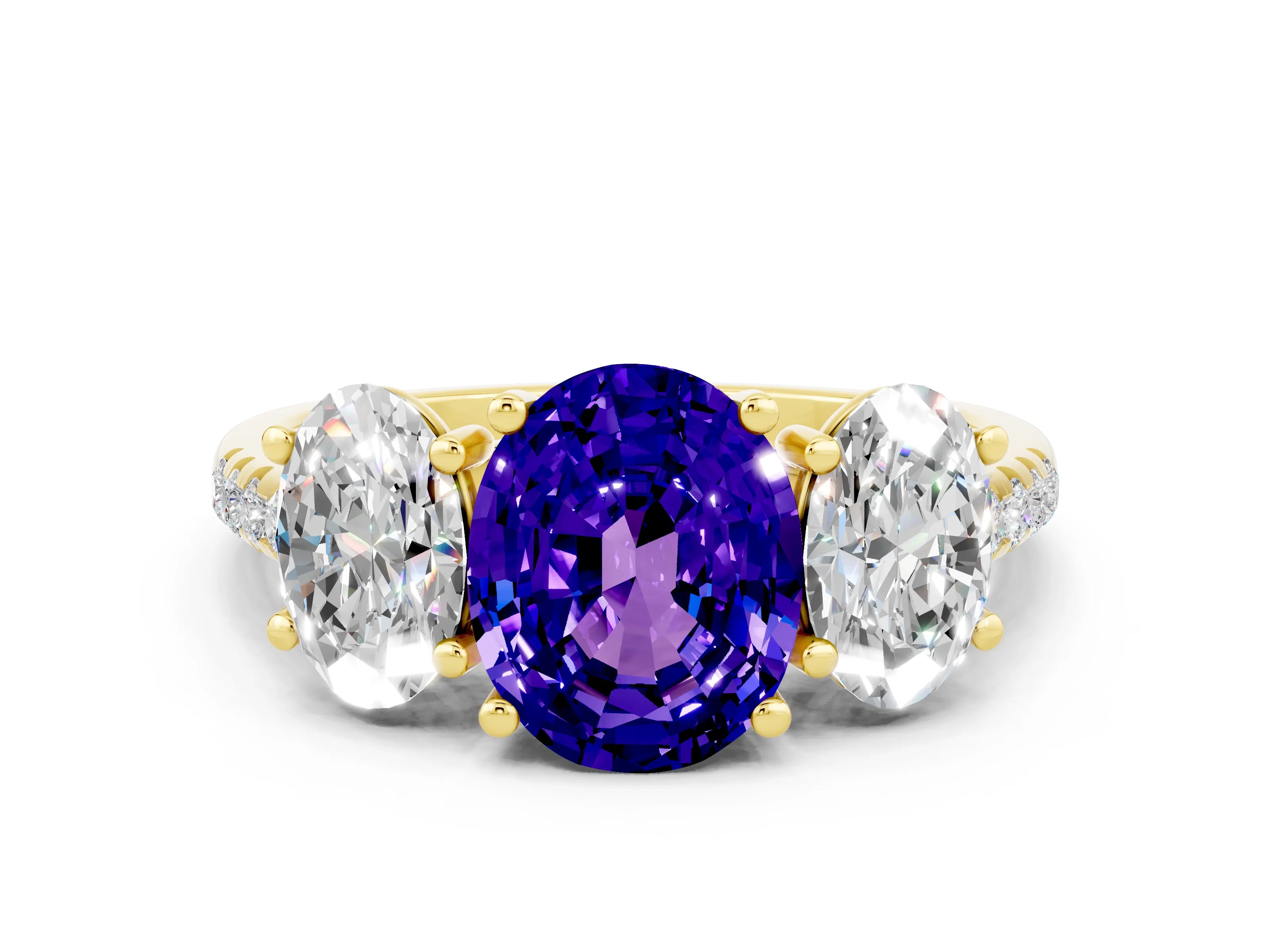Yellow gold Three-Stone Oval Cut Tanzanite Ring with Pavé Band and Prong Setting_12