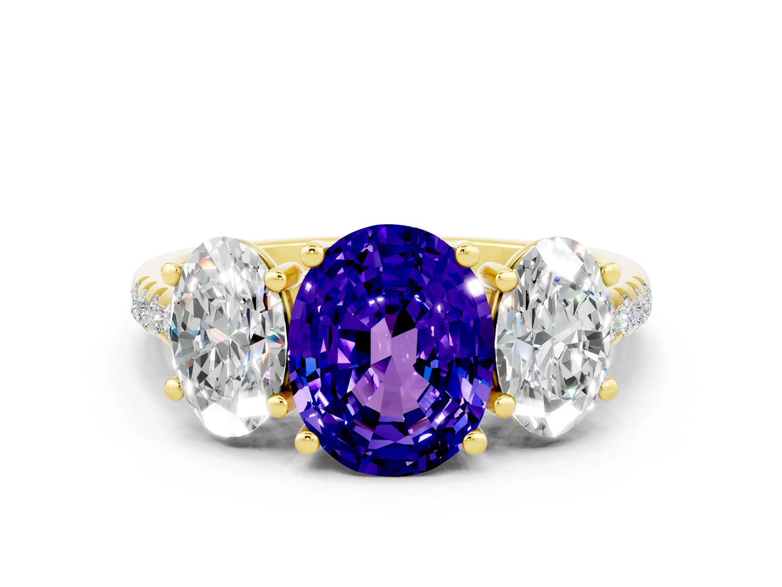Yellow gold Three-Stone Oval Cut Tanzanite Ring with Pavé Band and Prong Setting_12