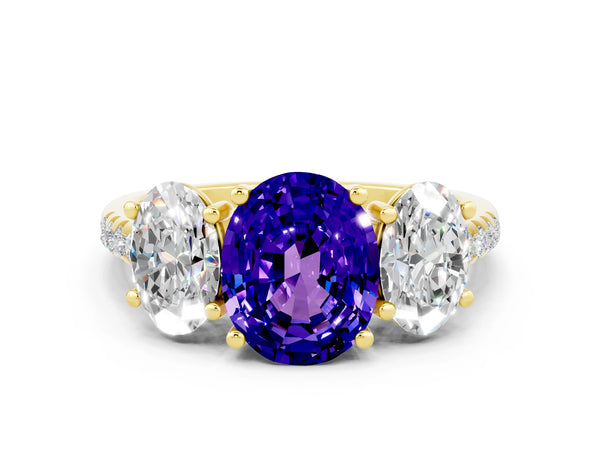 Yellow gold Three-Stone Oval Cut Tanzanite Ring with Round  Pavé Band and Prong Setting