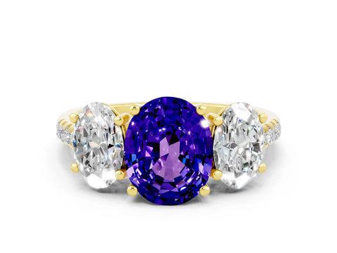 Yellow gold Three-Stone Oval Cut Tanzanite Ring with Pavé Band and Prong Setting_12