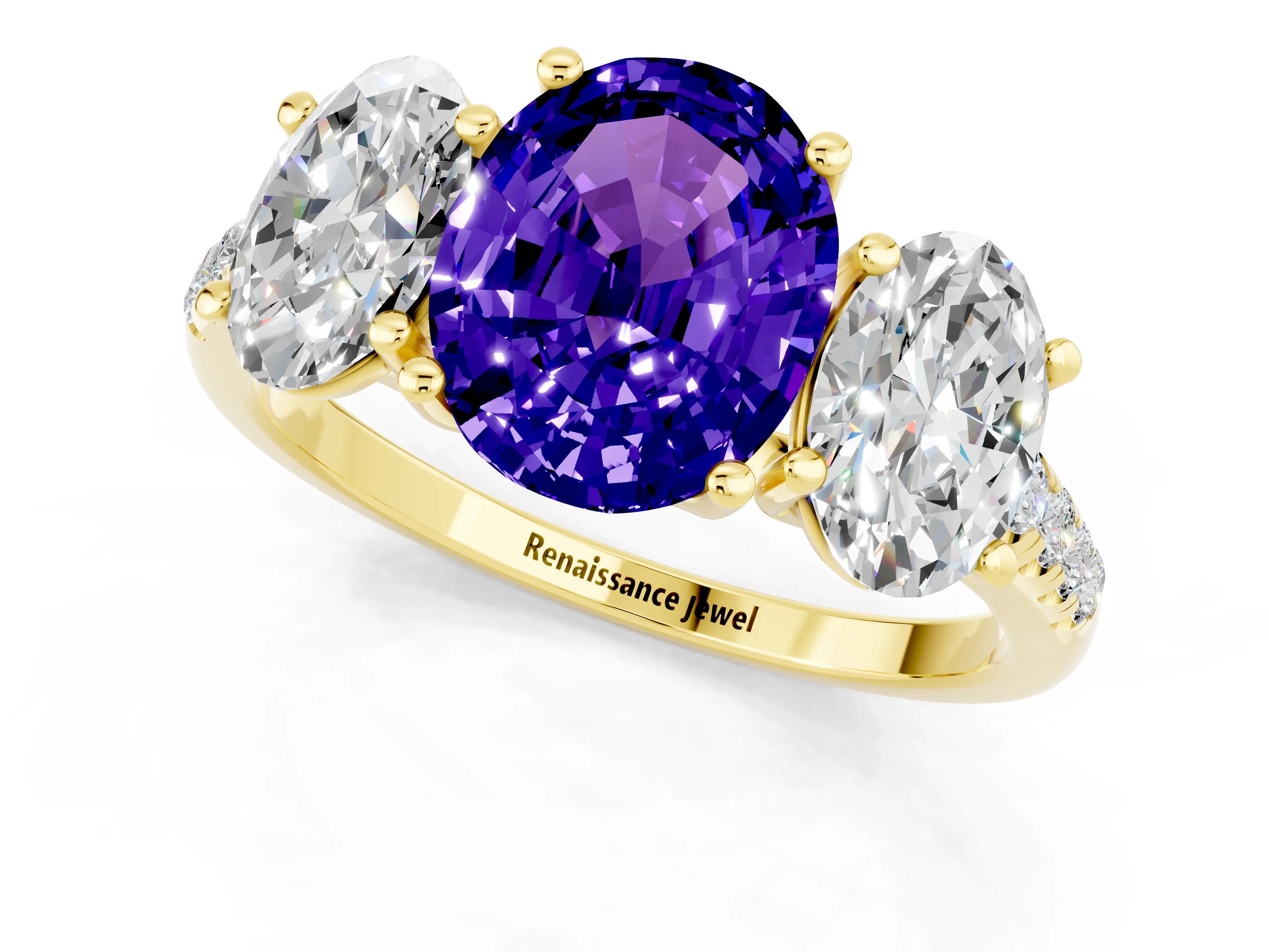 Yellow gold Three-Stone Oval Cut Tanzanite Ring with Pavé Band and Prong Setting_13