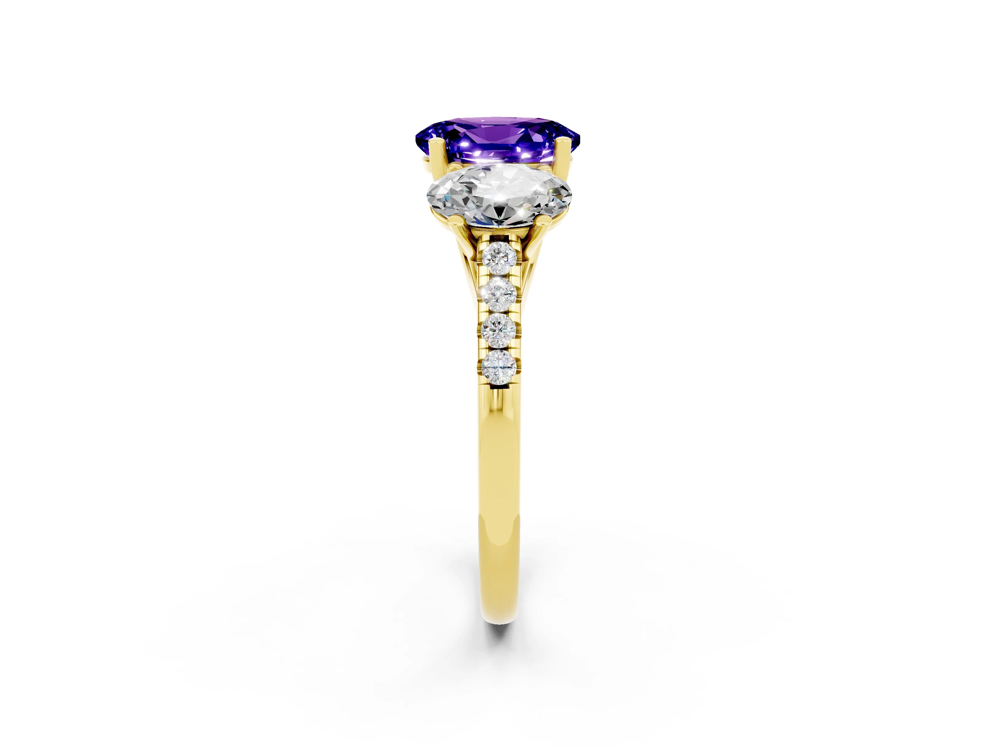 Yellow gold Three-Stone Oval Cut Tanzanite Ring with Pavé Band and Prong Setting_14