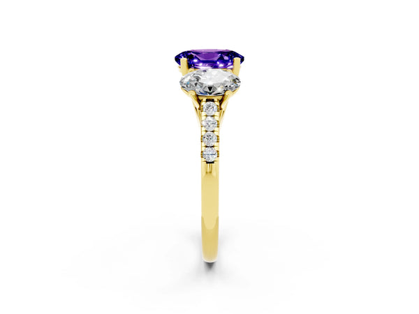 Yellow gold Three-Stone Oval Cut Tanzanite Ring with Round  Pavé Band and Prong Setting